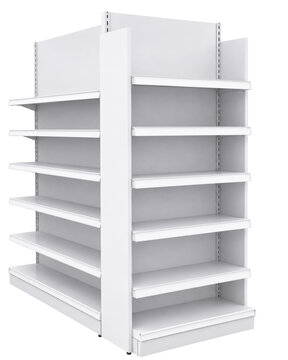 Blank White Retail Store Gondola Shelf with End Display Perspective View Mockup