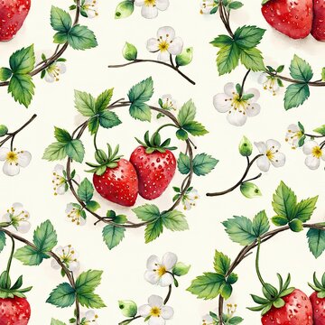 Fresh strawberries with green leaves and white flowers on a white background