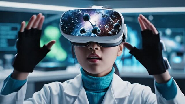 Young Scientist Using VR Headset for Immersive Molecular Research in Futuristic Laboratory, Engaging in Virtual Reality Exploration