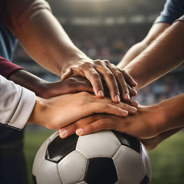 Diverse team of soccer players stacking their hands together on a football in a huddle showing unity
