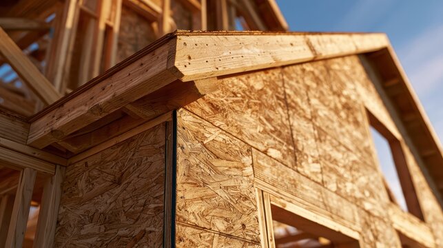 New Residential House Under Construction with Wood Framing and OSB Sheathing