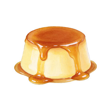 Watercolor illustration of a classic creamy caramel custard flan with dripping sauce