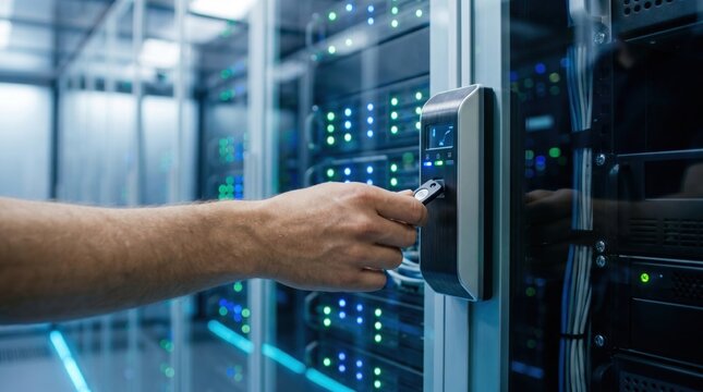 Server room security access control system with key card authentication, hand inserting card into electronic lock on glass door of data center rack.