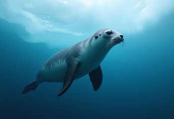 Naklejka premium This is a photograph of a seal swimming in deep blue water