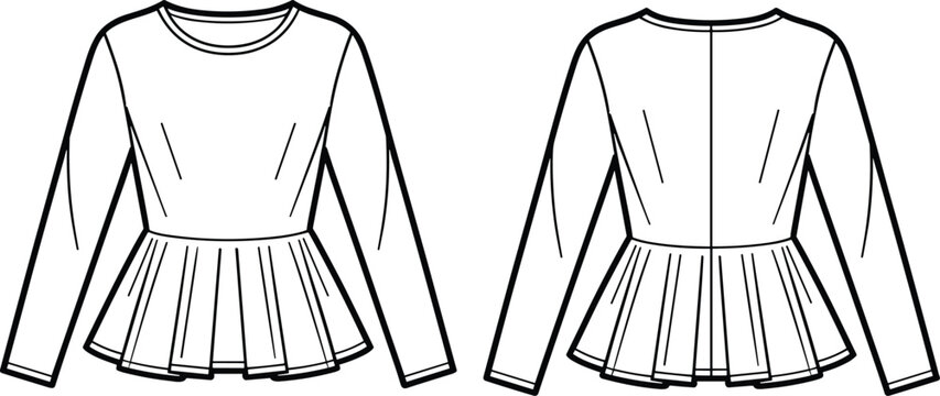 Fashion technical sketch of a long sleeve peplum top with pleated hem front and back view
