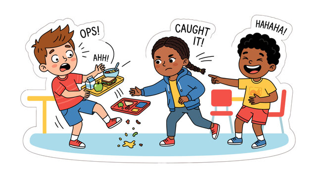 Oops, Caught It!: Two children react to a dropped lunch tray while another child laughs, capturing a moment of schoolyard mishap and amusement.