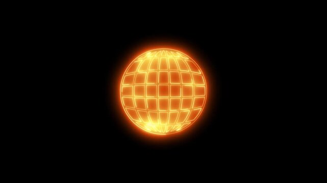 Bright orange neon globe with grid pattern isolated on solid black background for web