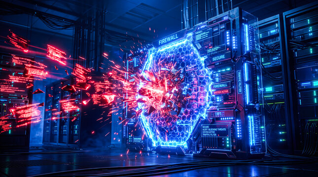Glowing blue digital firewall blocking and shattering malicious red cyber attacks inside highly secure server room depicting ultimate network safety and virtual protection