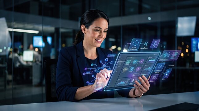 Businesswoman works on tablet in modern office at night while analyzing data and using technology tools