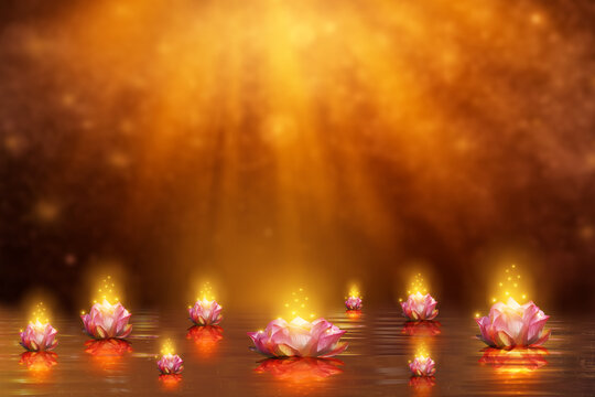 Glowing Pink Lotus Flowers Floating on Water with Golden Divine Light Rays and Magical Sparkles on Dark Orange Background, Buddhist Spiritual Concept
