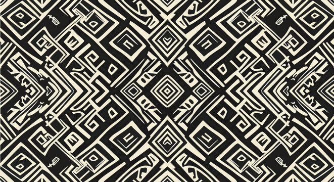 Seamless Taino-inspired tribal pattern featuring black and cream geometric motifs, concentric squares, and indigenous petroglyph symbols in a symmetrical, high-contrast composition.