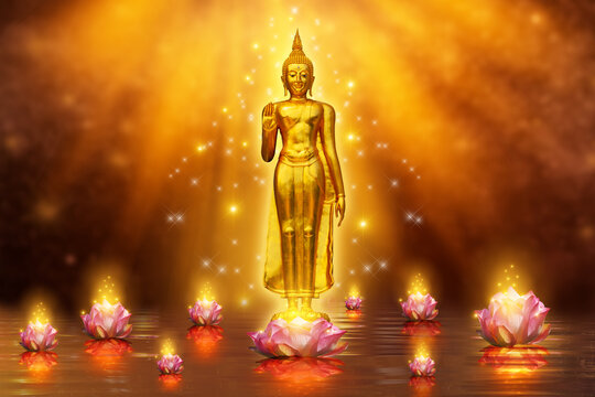 Golden Standing Buddha Statue Surrounded by Pink Lotus Flowers with Glowing Divine Light and Sparkles on Dark Background
