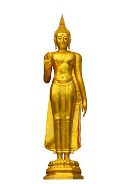 Golden Standing Buddha Statue in Abhaya Mudra Gesture PNG Transparent Background, Thai Buddhist Art Cutout, Thailand
