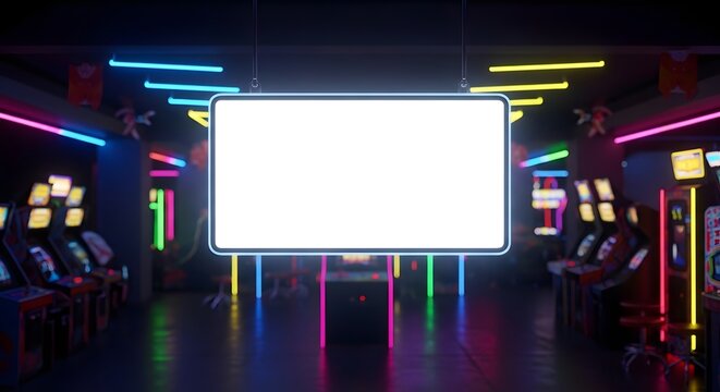 Retro arcade game room with a blank neon-lit screen for advertising or text, 3D rendered illustration.
