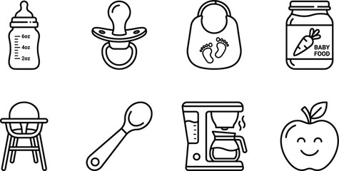 Fototapeta premium Minimalist black outline line icons set of infant feeding accessories baby food high chair and kitchen appliances
