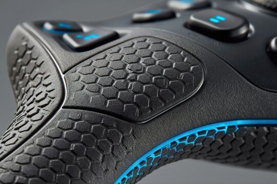 Black rubber grip texture close up with blue accent details