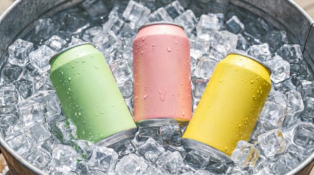 Three colorful aluminum soda cans chilling in a metal bucket filled with ice cubes for a refreshing summer party concept with bright pastel tones