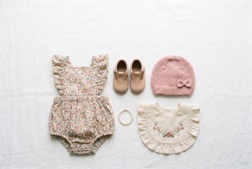 Naklejka premium Baby Girl Outfit Flat Lay Romper Shoes Accessories