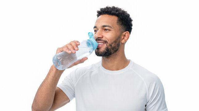 African american man drinking fresh water from blue reusable plastic bottle against white background healthy lifestyle hydration concept fitness portrait sport