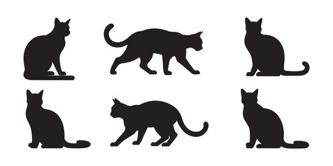 Set of black cat silhouettes in different poses, sitting and walking feline icons © MD ABDUL HAMID