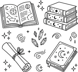 Fototapeta premium Magic Witchcraft and Astrology Book Vector Set Featuring Open Spellbook, Stack of Celestial Journals, Rolled Parchment Scroll, and Mystical Quartz Crystals