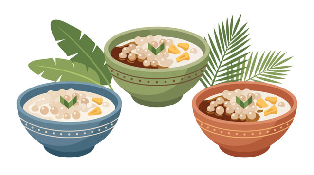 Three colorful bowls of traditional Indonesian Bubur Cha Cha dessert.