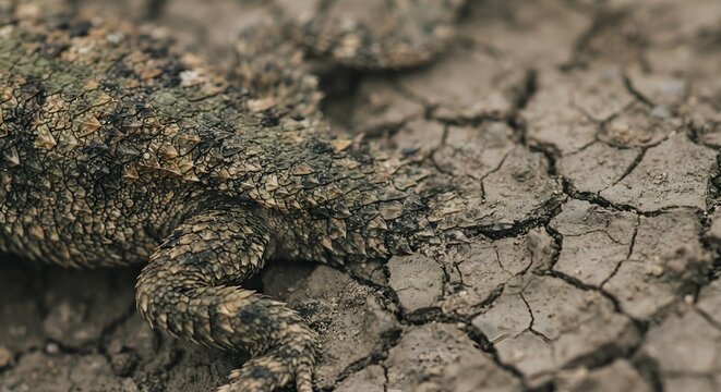 Closeup of a thorny devil lizard on cracked dry desert ground