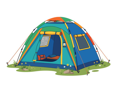 A colorful dome camping tent standing on a patch of grass.