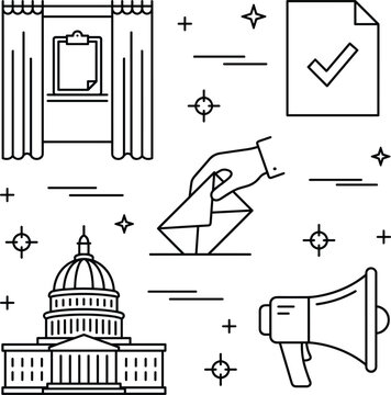 Democratic Election and Political Campaign Vector Concept Illustration with Government Capitol Building, Voting Booth, Ballot Drop, Megaphone, and Approved Document Graphics