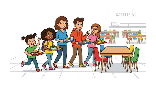 Lunchtime Rush: A group of children and adults queue in a cafeteria, each holding a tray of food, ready to enjoy a meal together, with rows of colorful tables and chairs visible in the background.