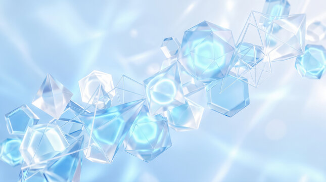 Abstract floating transparent geometric crystal shapes featuring bright glowing blue pentagonal polygons over soft luminous futuristic digital technology presentation background