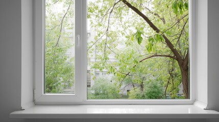 Fototapeta premium New white plastic window with bright tree view, showing modern home interior, clean design, daylight, and energy efficient renovation.