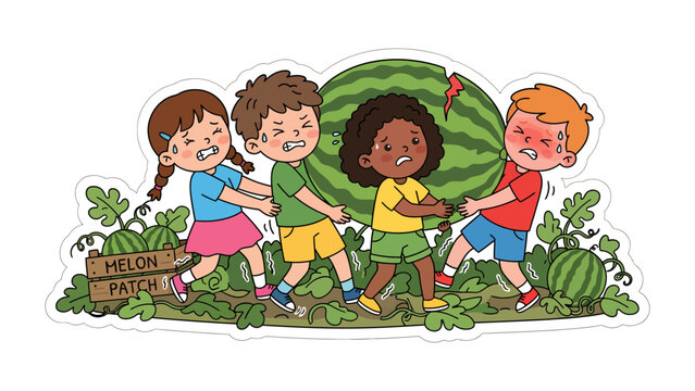 Watermelon Tug-of-War: A group of young children, each with a determined expression, engage in a spirited tug-of-war over a giant watermelon in a vibrant melon patch.