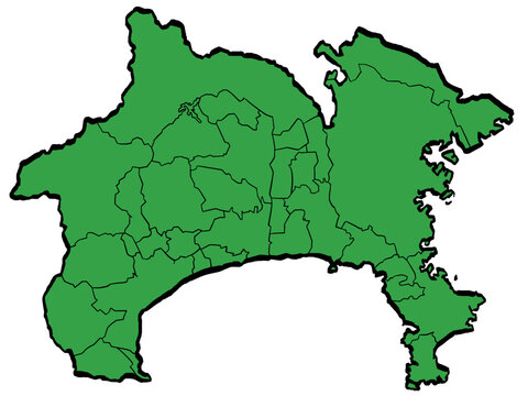 神奈川県地図 市町村区分 緑色 筆タッチ 和風 東日本 / A brushstroke map of Kanagawa Prefecture / green