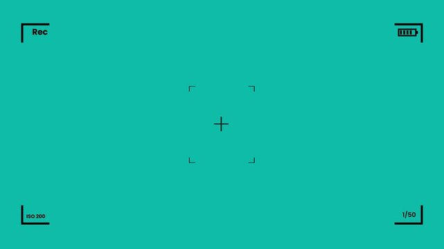 Digital camera viewfinder interface with teal background and central focus crosshair marker
