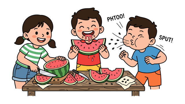 Joyful Watermelon Feast: Three happy children enjoy a summer day, slicing and eating a delicious watermelon, with one child playfully spitting seeds.
