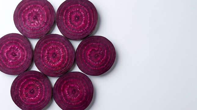 Seven fresh raw beetroot slices arranged in a circular pattern on a plain white background surface