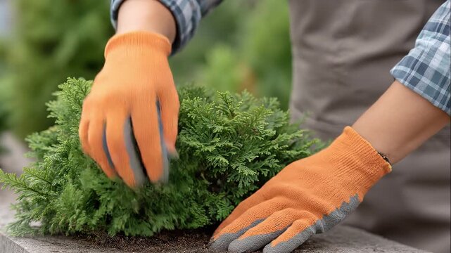 Close-up of gardener hands wearing orange gloves pruning green plant outdoors during home gardening or landscaping activity in natural environment