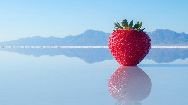 A single fresh red strawberry standing on a reflective surface with mountains in the background.