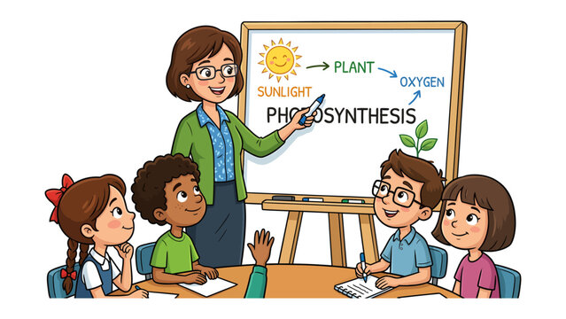 Photosynthesis Lesson: A vibrant illustration depicts a cheerful teacher explaining photosynthesis to a group of eager young students in a classroom setting.