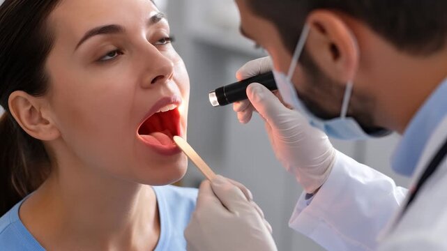 Doctor examining woman's throat with tongue depressor in clinic  