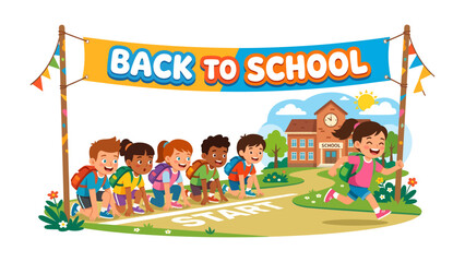 Fototapeta premium Back to School Race: A vibrant scene depicts children with backpacks at a starting line, eager for their first day back at school.