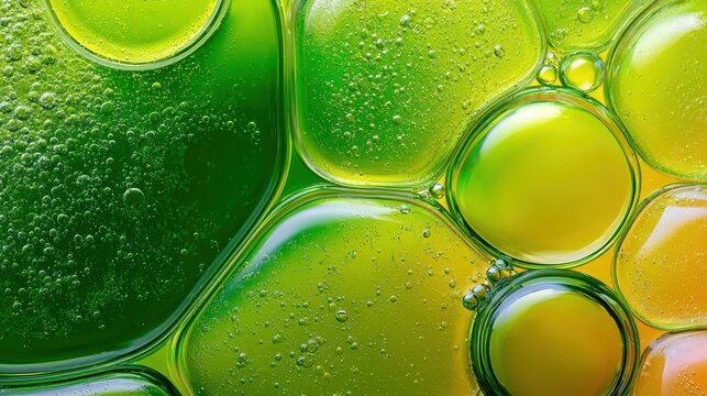 Macro photography of oil and water mixture, showcasing vibrant green and yellow bubbles and fluid shapes