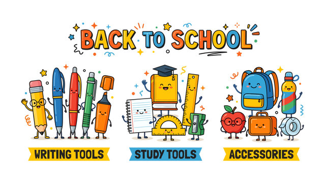 Back to School Collection: A vibrant and playful collection of school supplies, including writing tools, study tools, and accessories, depicted as cheerful characters ready for the new academic year.