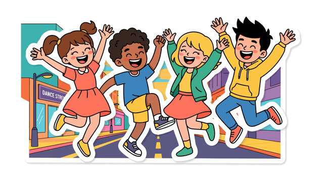 Urban Joyride: Four diverse children leap with unbridled enthusiasm down a vibrant city street, their faces beaming with pure happiness.