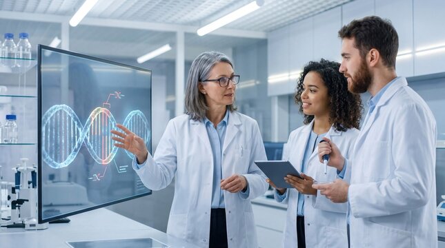Scientists in lab coats analyzing DNA double helix structure on digital screen during genetic research discussion