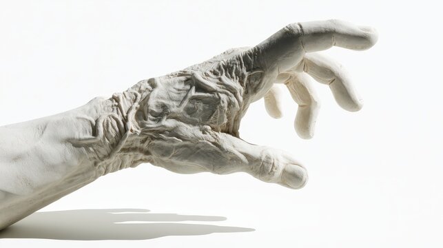 A highly detailed, realistic sculpture of an aged, veiny hand reaching out, crafted in a pale, matte material, isolated on white background