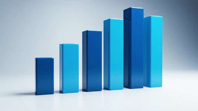Blue 3d bar chart blocks rising on a clean light background, showing business growth, progress and financial success.