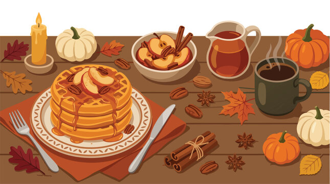 A stack of delicious autumn waffles with apples and maple syrup on a rustic wooden table.