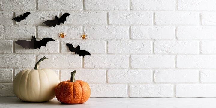 Halloween background with white and orange pumpkins, black paper bats and spiders on a white brick wall